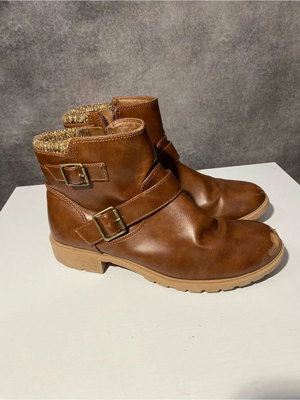 Wonder Nation Girls Size 5 Brown Ankle Boots Double Buckle Sweater Trim Zip